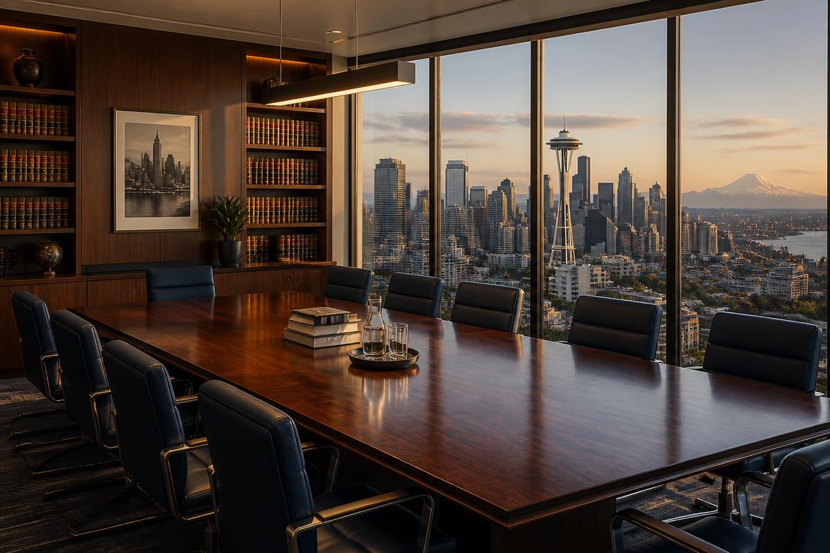 Executive law firm conference room with city skyline view