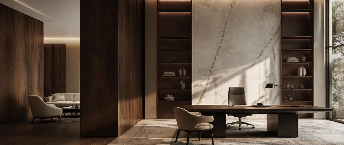 Modern executive legal office with marble and dark wood